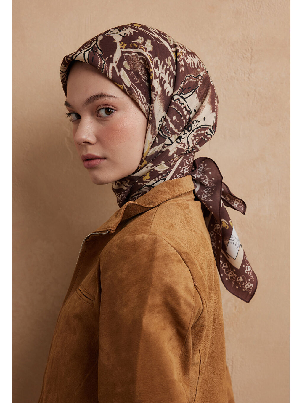 Kahverengi Floral Paısley Desen Pamuk İpek Eşarp Kızıl Kahve-1