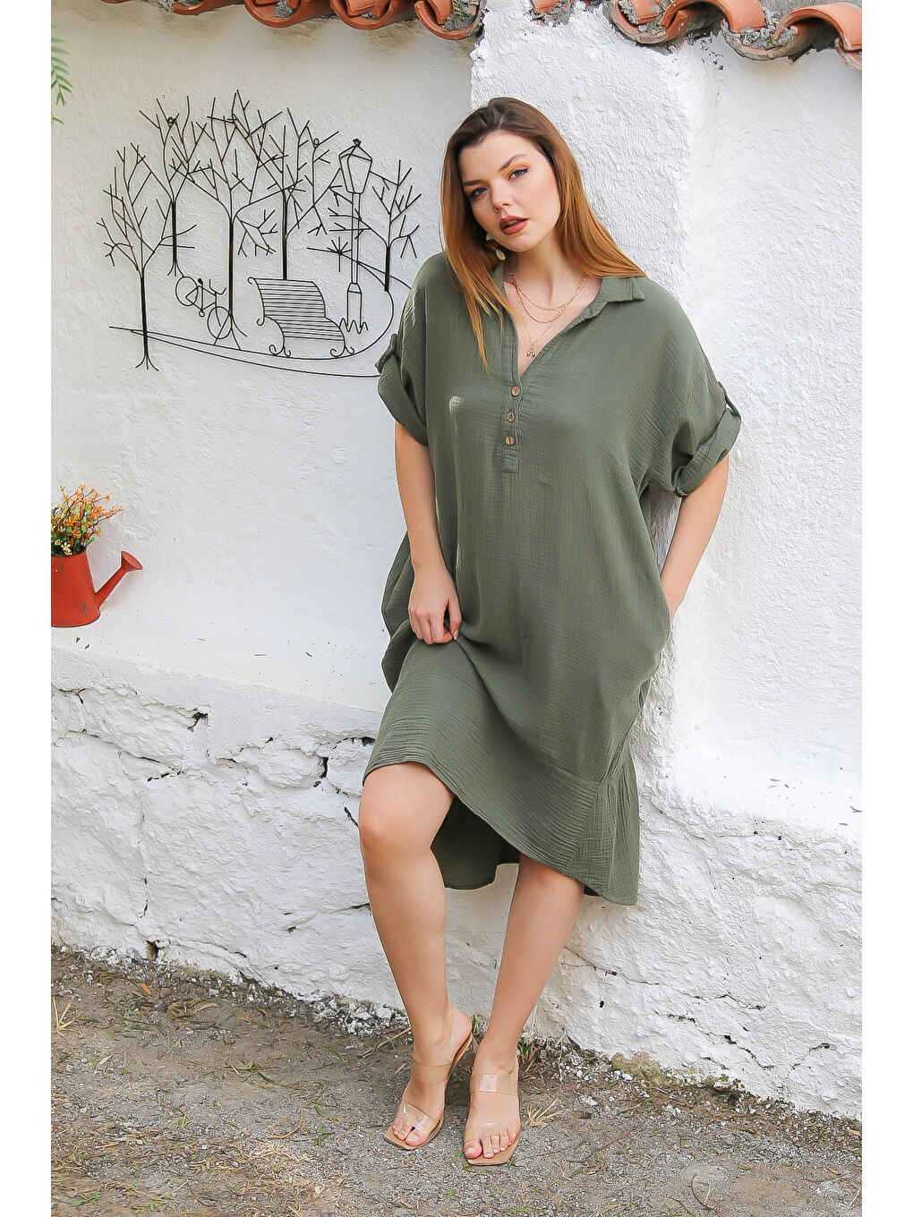 Organik Pamuk Koyu Haki Gömlek Yaka Düğmeli 3/4 Kol Düğmeli Cepli Dokuma Casual Müslin Elbise-3