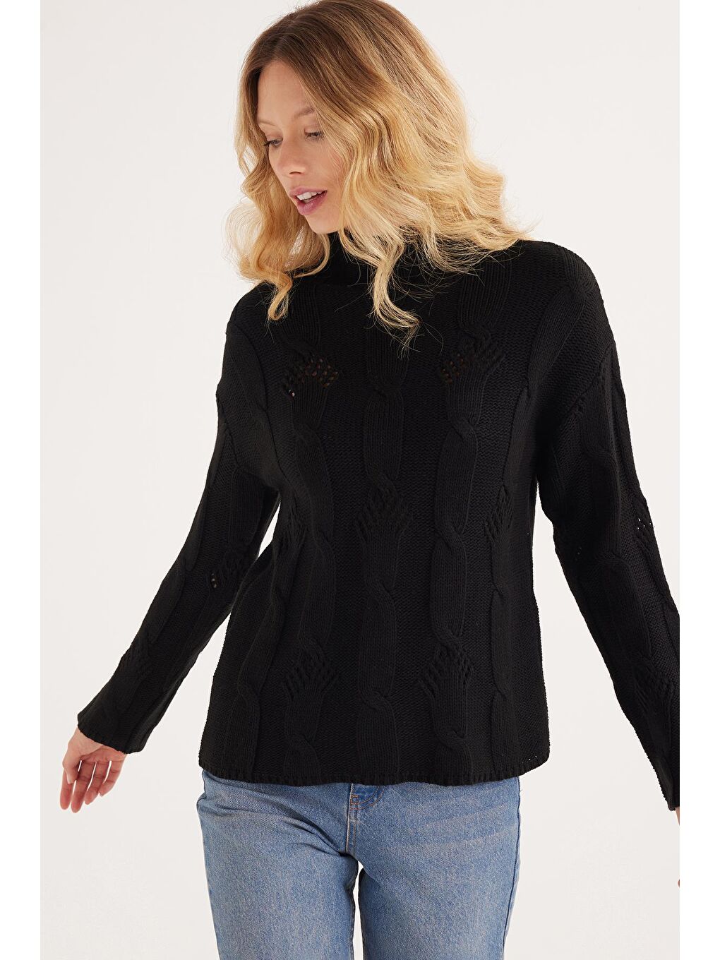 Kadın Regular Fit Klasik Kesim Yarım Balıkçı Yaka Örgü Desenli Siyah Kazak-1