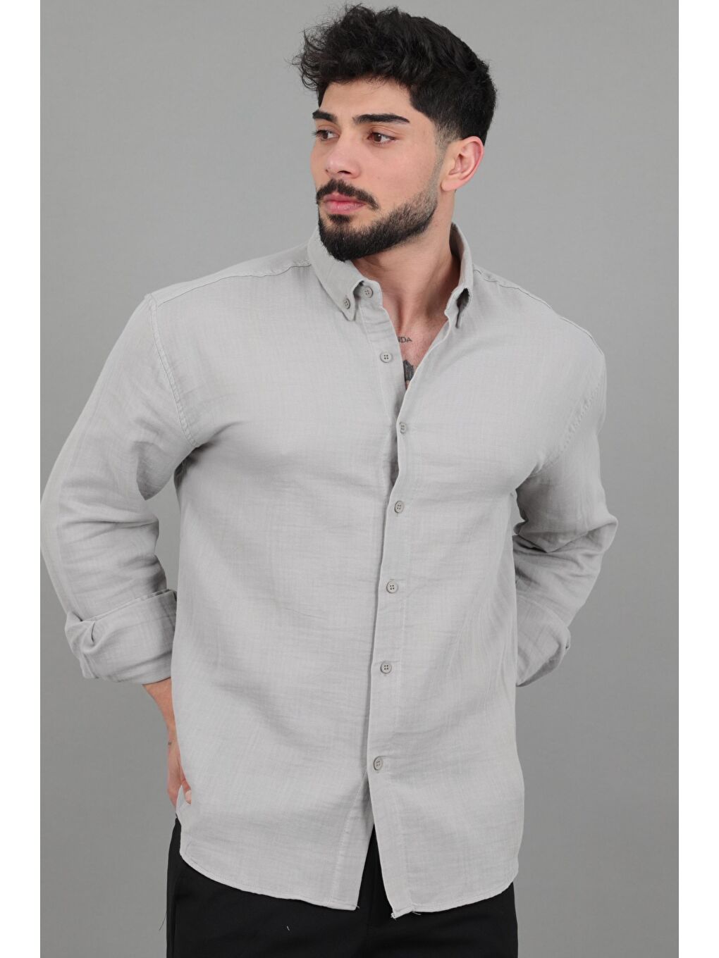 Gri Oversize Müslin Yazlık Uzun Kol Gömlek MRS 202_40417-1