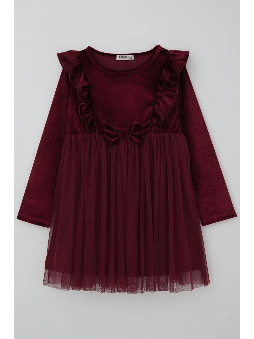 Kız Çocuk Uzun Kollu Kadife Elbise Fiyonk Aksesuarlı Tüllü Fırfırlı Bordo (4-8 Yaş)