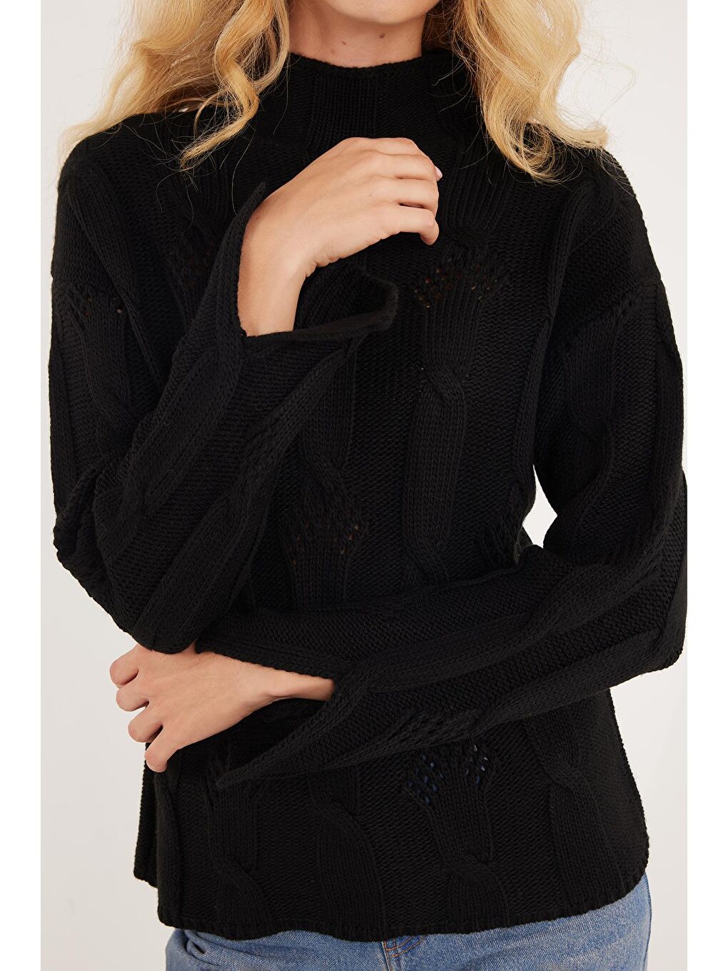 Kadın Regular Fit Klasik Kesim Yarım Balıkçı Yaka Örgü Desenli Siyah Kazak-2