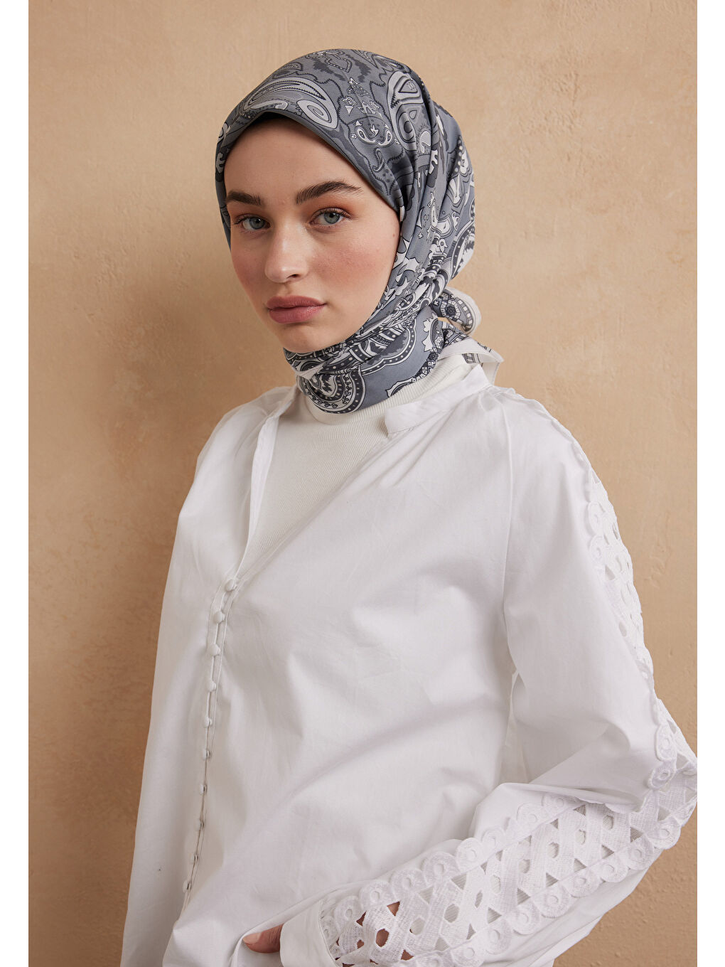 Antrasit Lena Desen Pamuk İpek Eşarp Duman-1