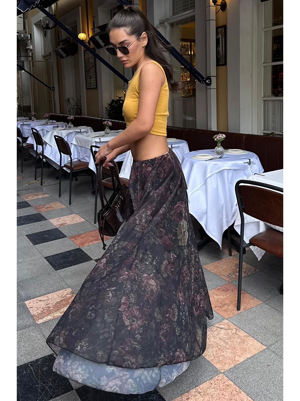 Siyah Çiçek Desenli Vintage Şifon Maxi Etek Mg2776-4