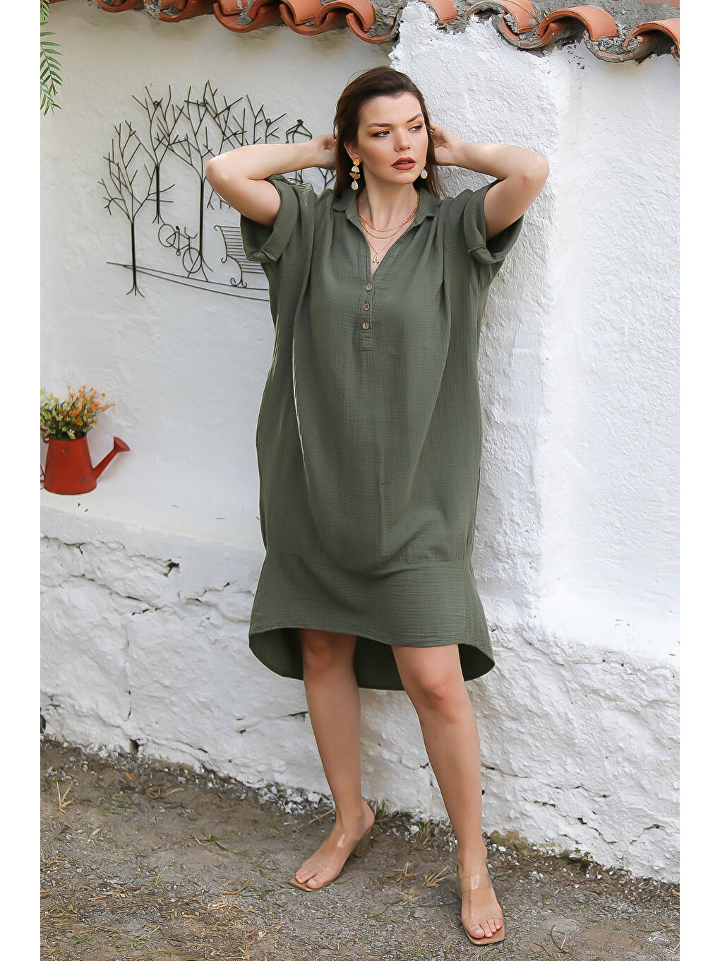 Organik Pamuk Koyu Haki Gömlek Yaka Düğmeli 3/4 Kol Düğmeli Cepli Dokuma Casual Müslin Elbise-4