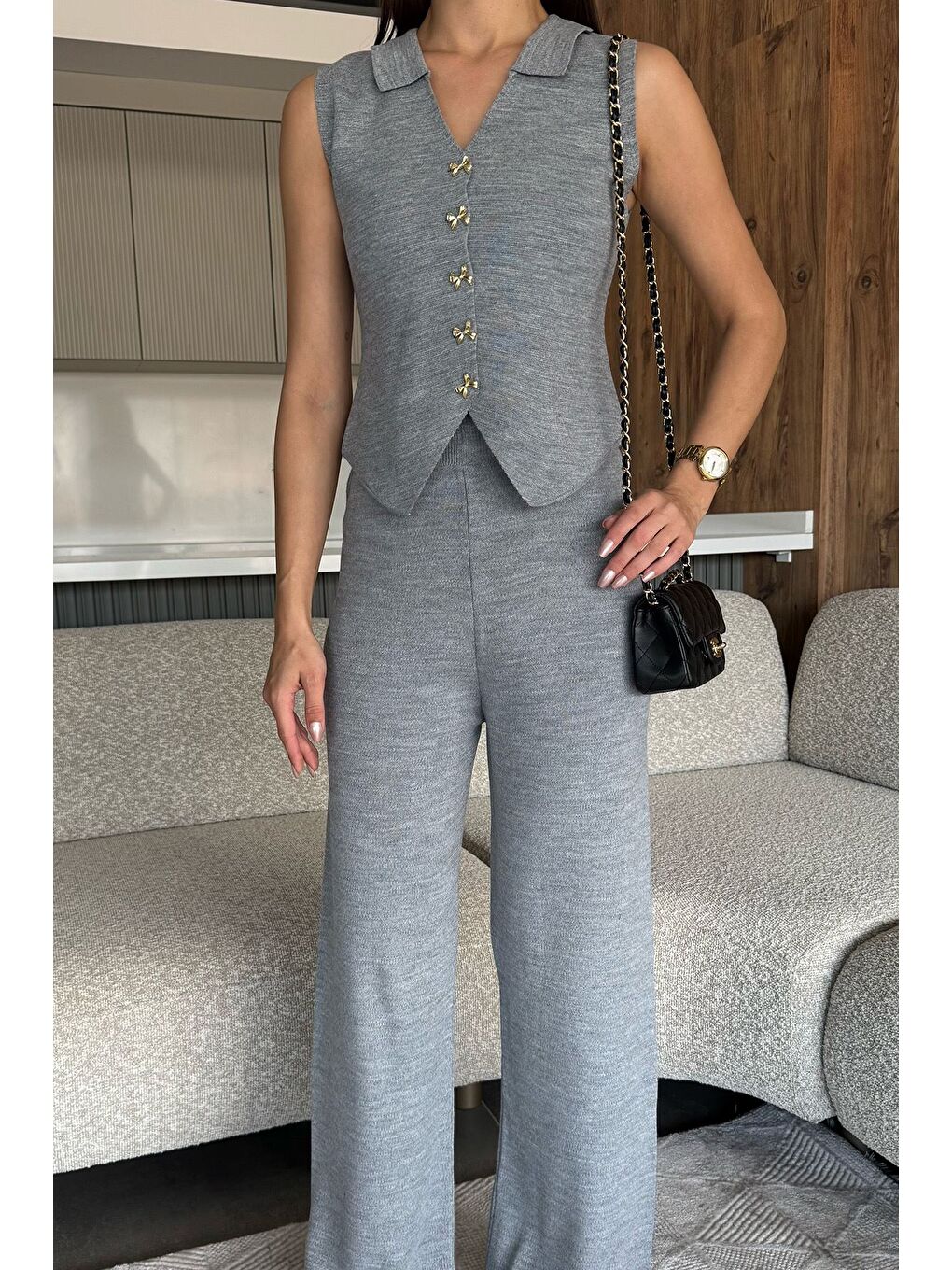 Gri Gömlek Yaka Yelek Pantolon Triko İkili Takım-1