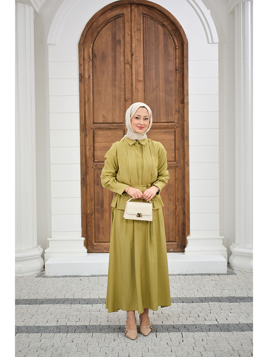 Kadın Önü Taş Detay Gizli Düğmeli Bel Bağlamalı Etekli Takım Yağ Yeşil-2