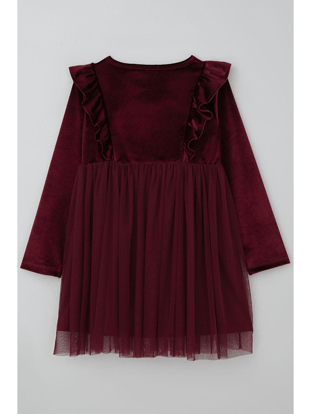 Kız Çocuk Uzun Kollu Kadife Elbise Fiyonk Aksesuarlı Tüllü Fırfırlı Bordo (4-8 Yaş)-1