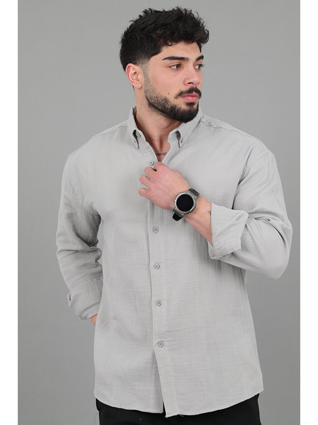 Gri Oversize Müslin Yazlık Uzun Kol Gömlek MRS 202_40417-2