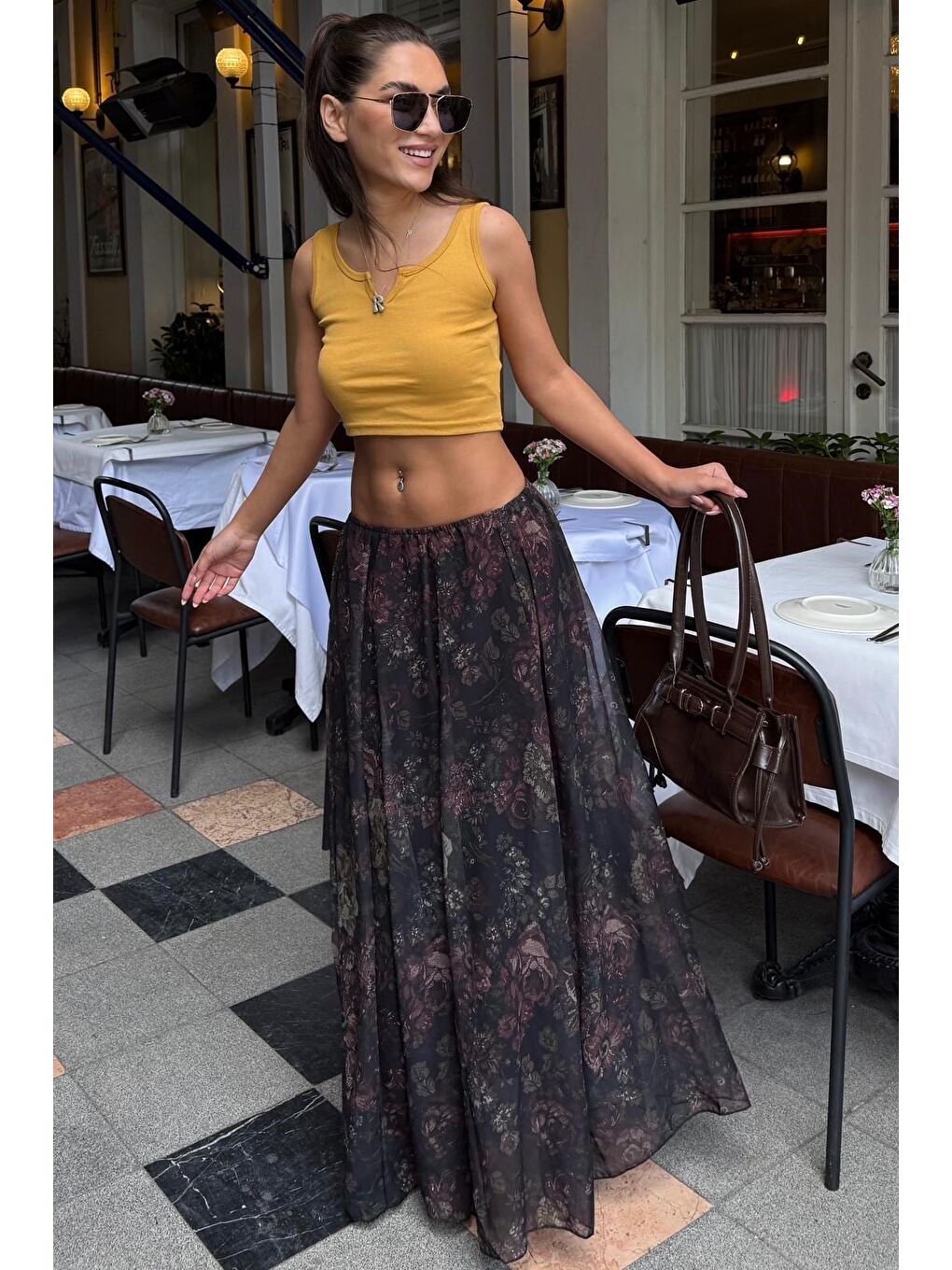 Siyah Çiçek Desenli Vintage Şifon Maxi Etek Mg2776-5