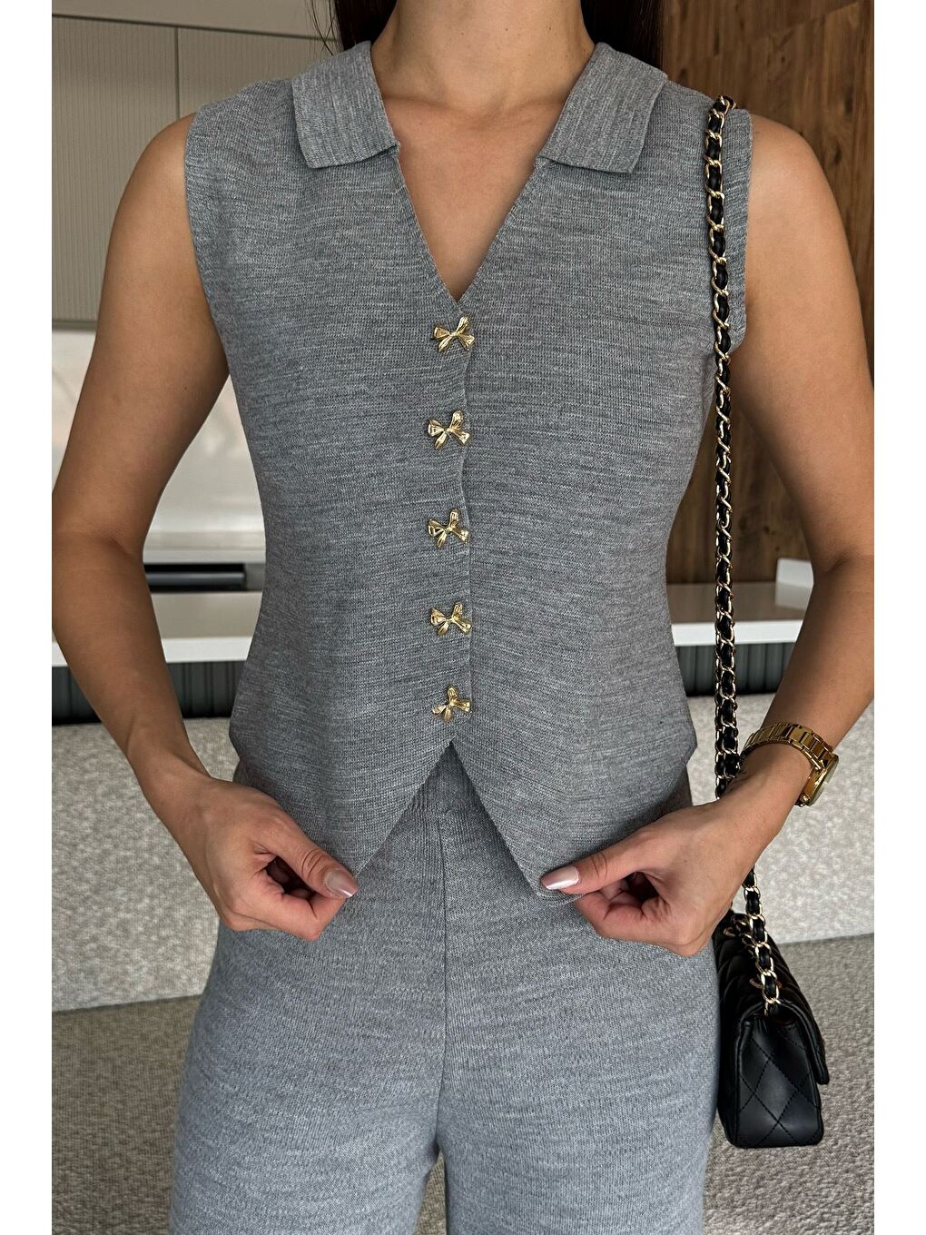 Gri Gömlek Yaka Yelek Pantolon Triko İkili Takım-2