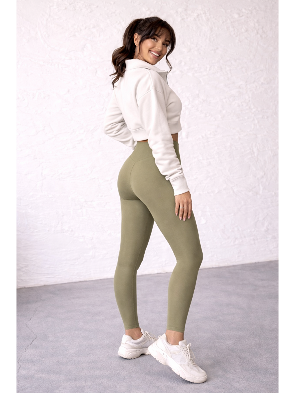 Yeşil Kadın Ekstra Yüksek Çapraz Kemer Bel Dalgıç Kumaş Esnek Spor Rahat Günlük Tayt-1