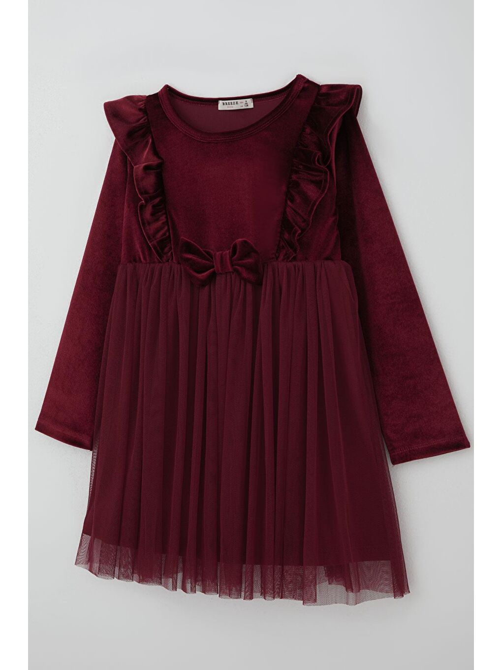 Kız Çocuk Uzun Kollu Kadife Elbise Fiyonk Aksesuarlı Tüllü Fırfırlı Bordo (4-8 Yaş)-2