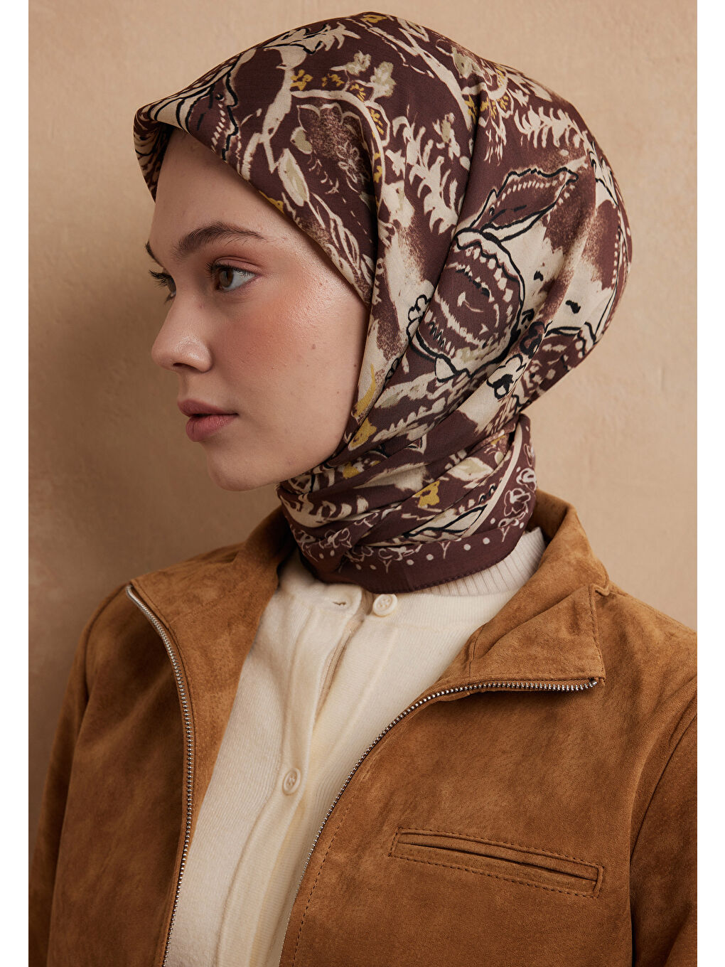 Kahverengi Floral Paısley Desen Pamuk İpek Eşarp Kızıl Kahve-2