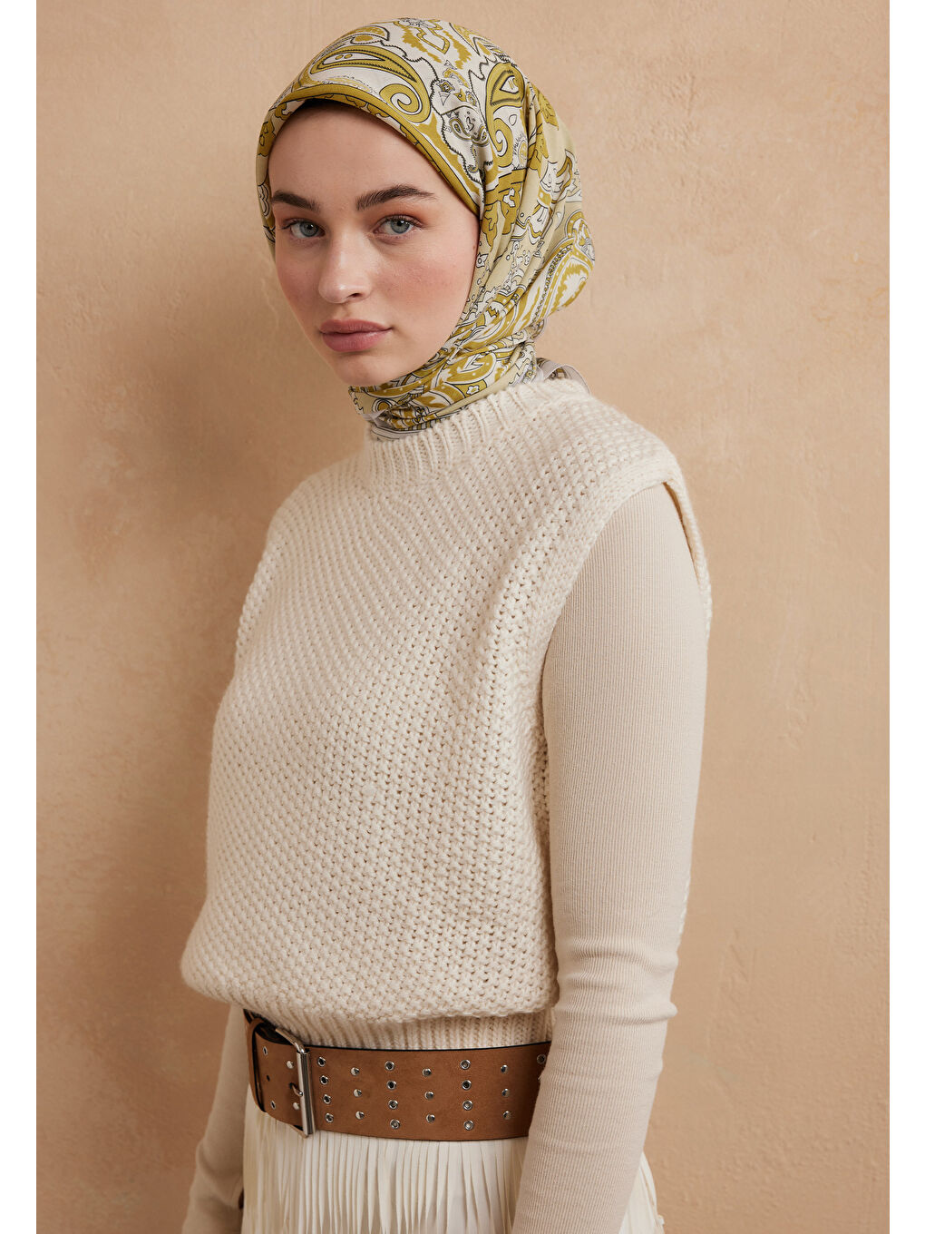 Kahverengi Lena Desen Pamuk İpek Eşarp Hardal-1