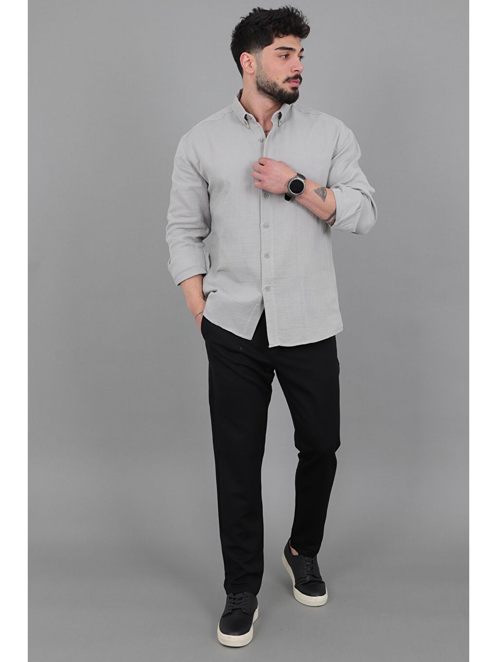 Gri Oversize Müslin Yazlık Uzun Kol Gömlek MRS 202_40417-3