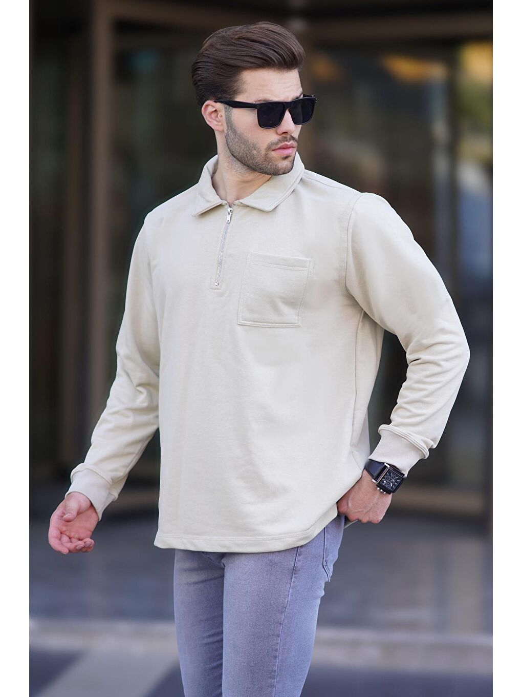 Madmext Ekru Bej Polo Yaka Fermuarlı Uzun Kollu Erkek Sweatshirt 7057 - 1