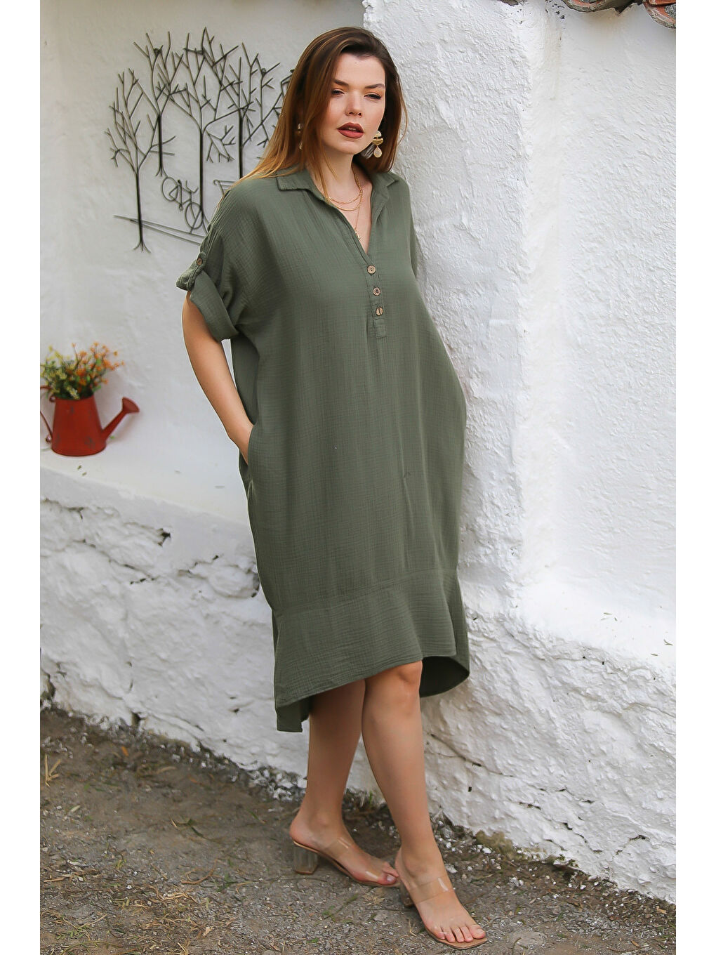 Organik Pamuk Koyu Haki Gömlek Yaka Düğmeli 3/4 Kol Düğmeli Cepli Dokuma Casual Müslin Elbise-6