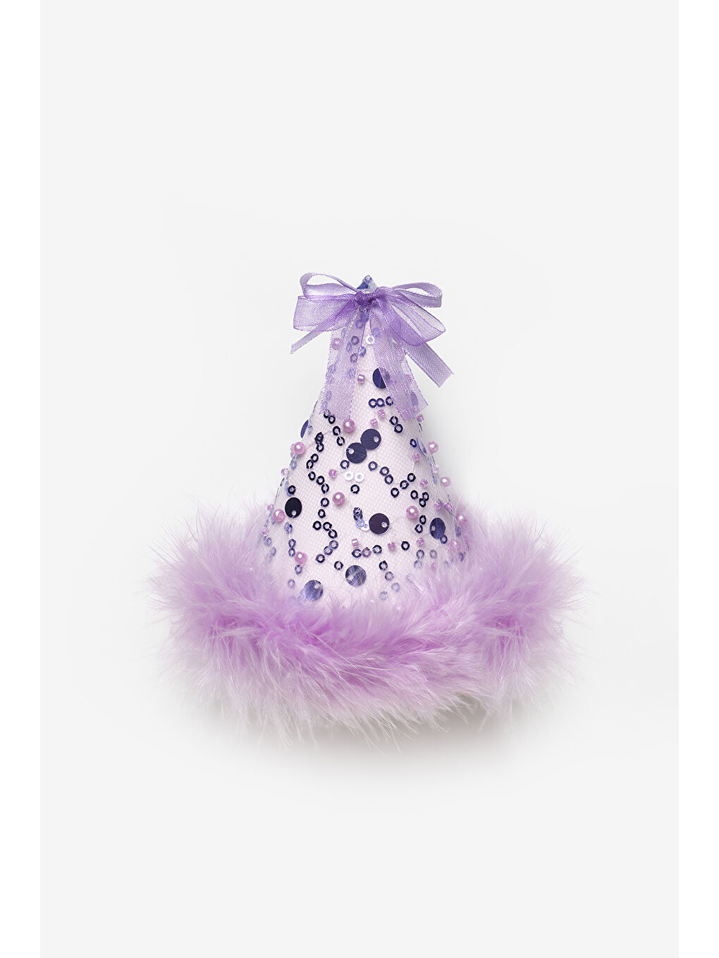 Lila Fiyonk Detaylı Pullu Kız Çocuk Klipsli Doğum Günü Huni Taç