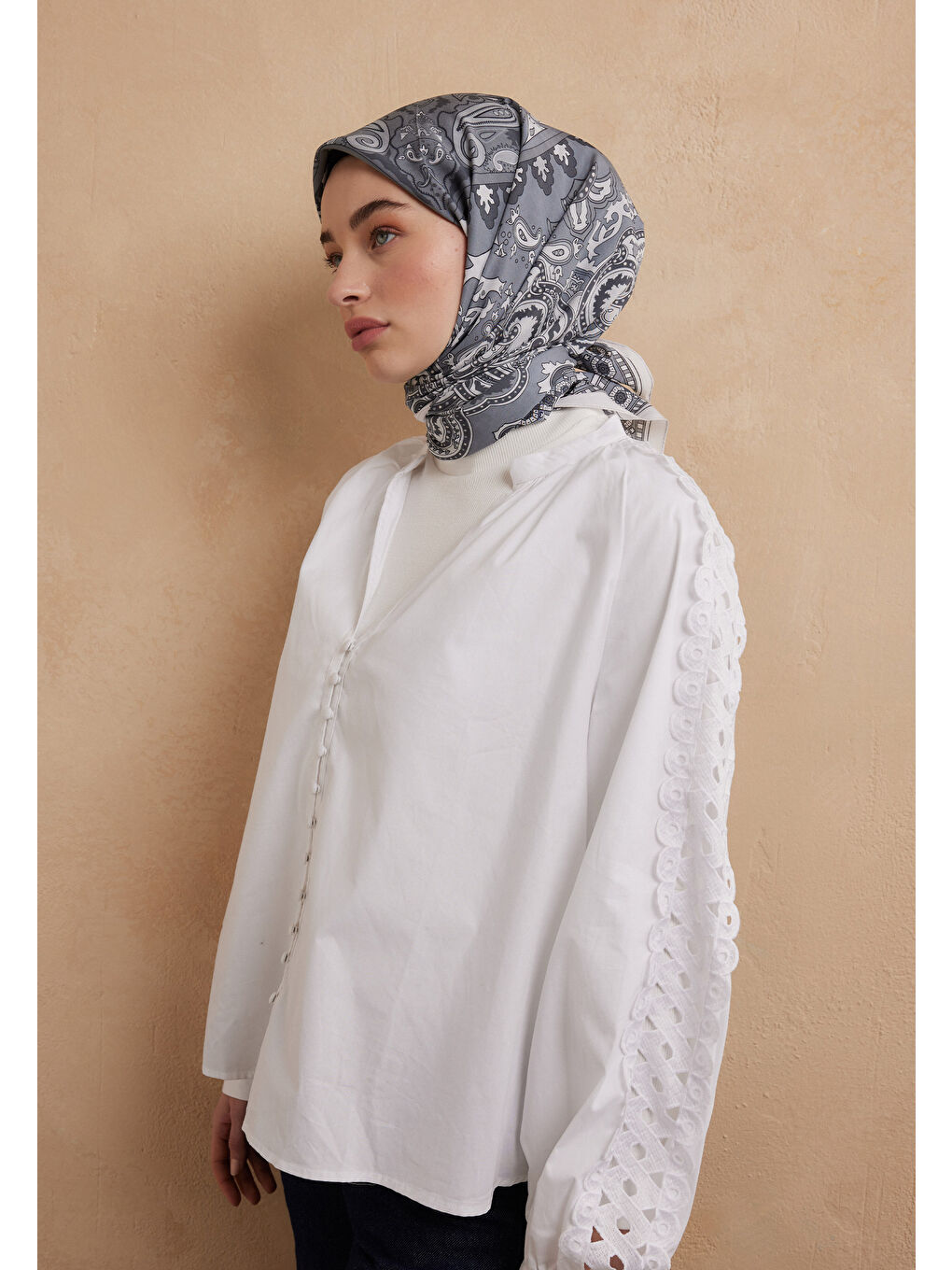 Antrasit Lena Desen Pamuk İpek Eşarp Duman-2