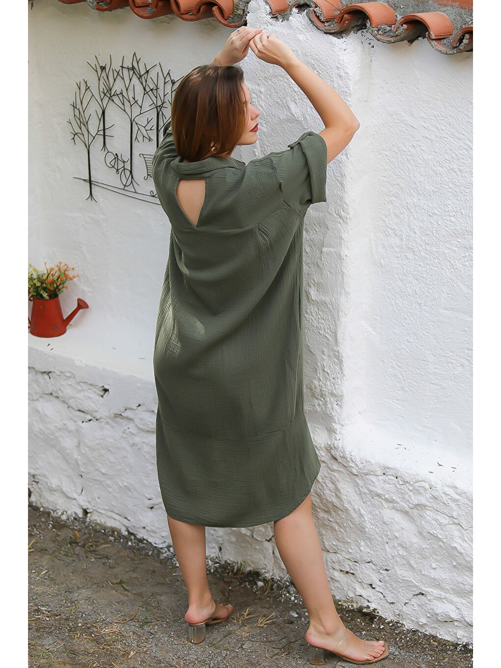 Organik Pamuk Koyu Haki Gömlek Yaka Düğmeli 3/4 Kol Düğmeli Cepli Dokuma Casual Müslin Elbise-7