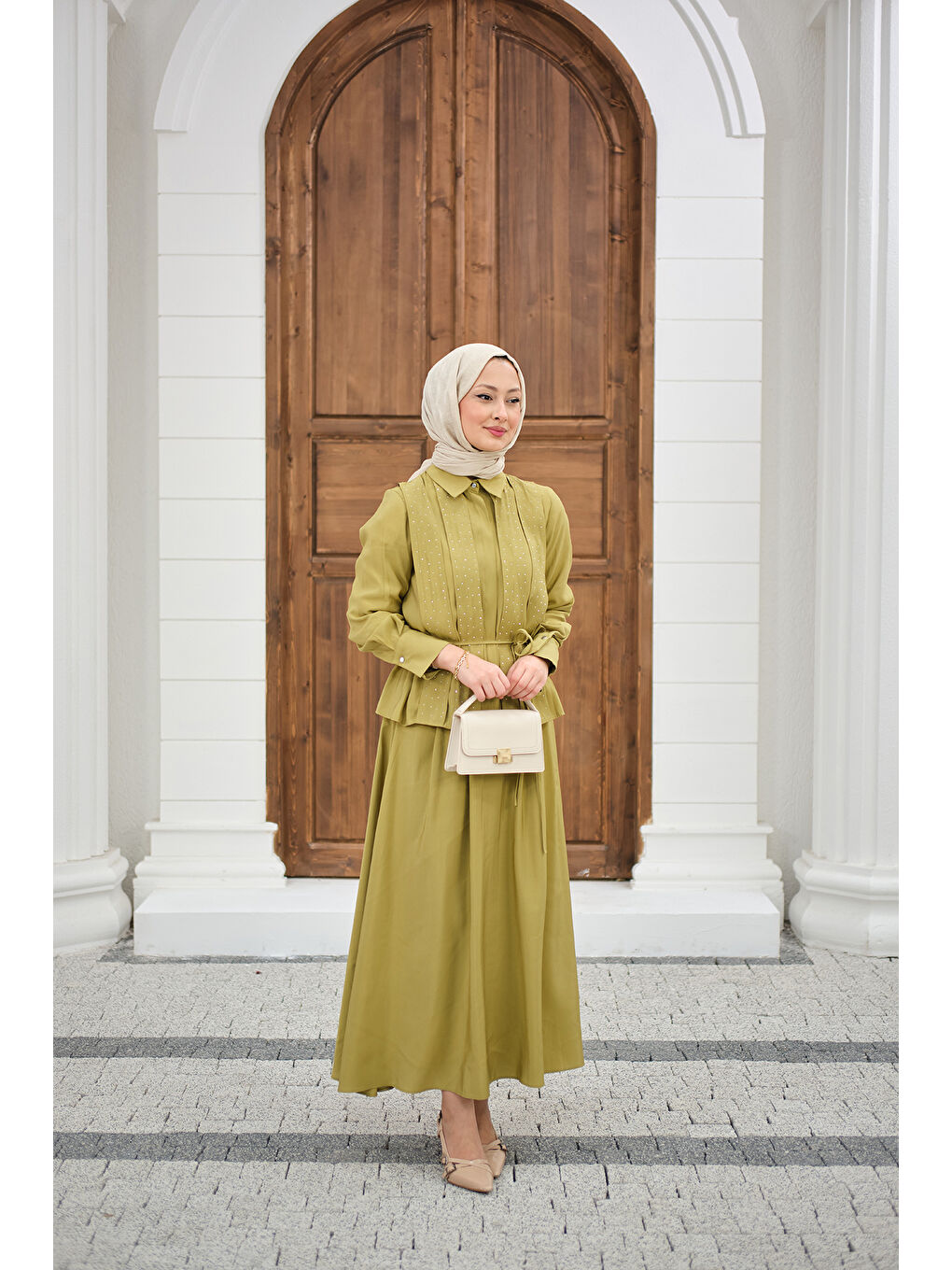 Kadın Önü Taş Detay Gizli Düğmeli Bel Bağlamalı Etekli Takım Yağ Yeşil-4