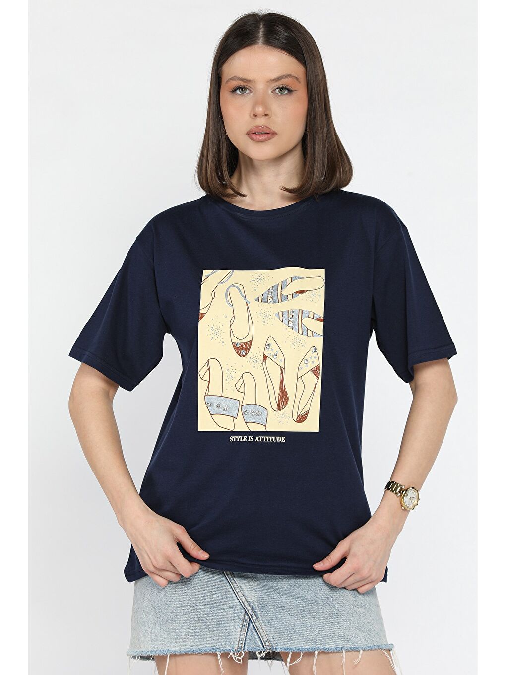 Lacivert Kadın Bisiklet Yaka Taş İşlemeli Baskılı Kadın Tişört