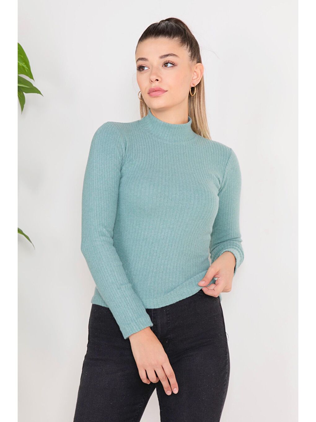 Yarım Balıkçı Yaka Kadın Yeşil Crop - 23135-2