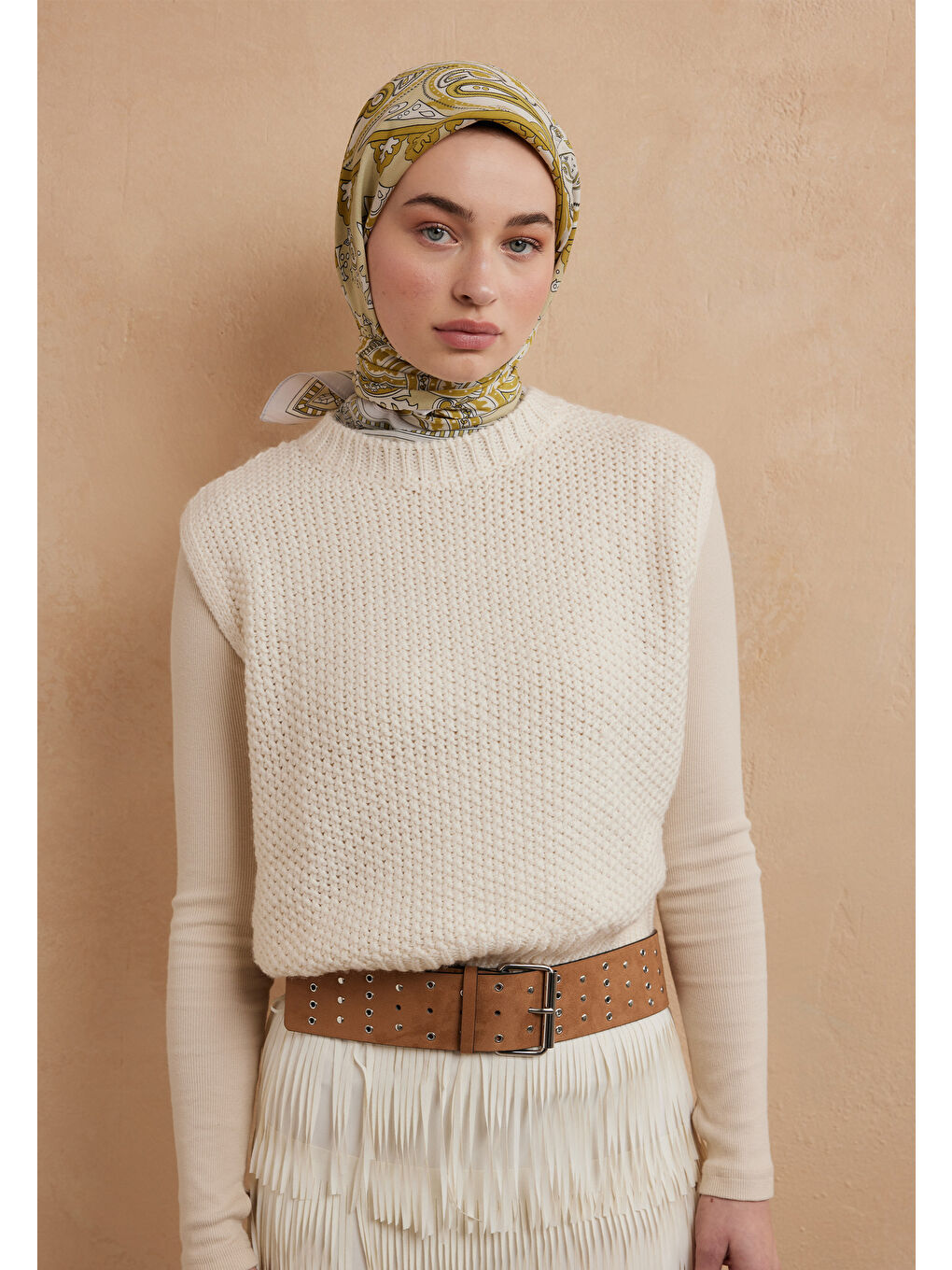 Kahverengi Lena Desen Pamuk İpek Eşarp Hardal-2