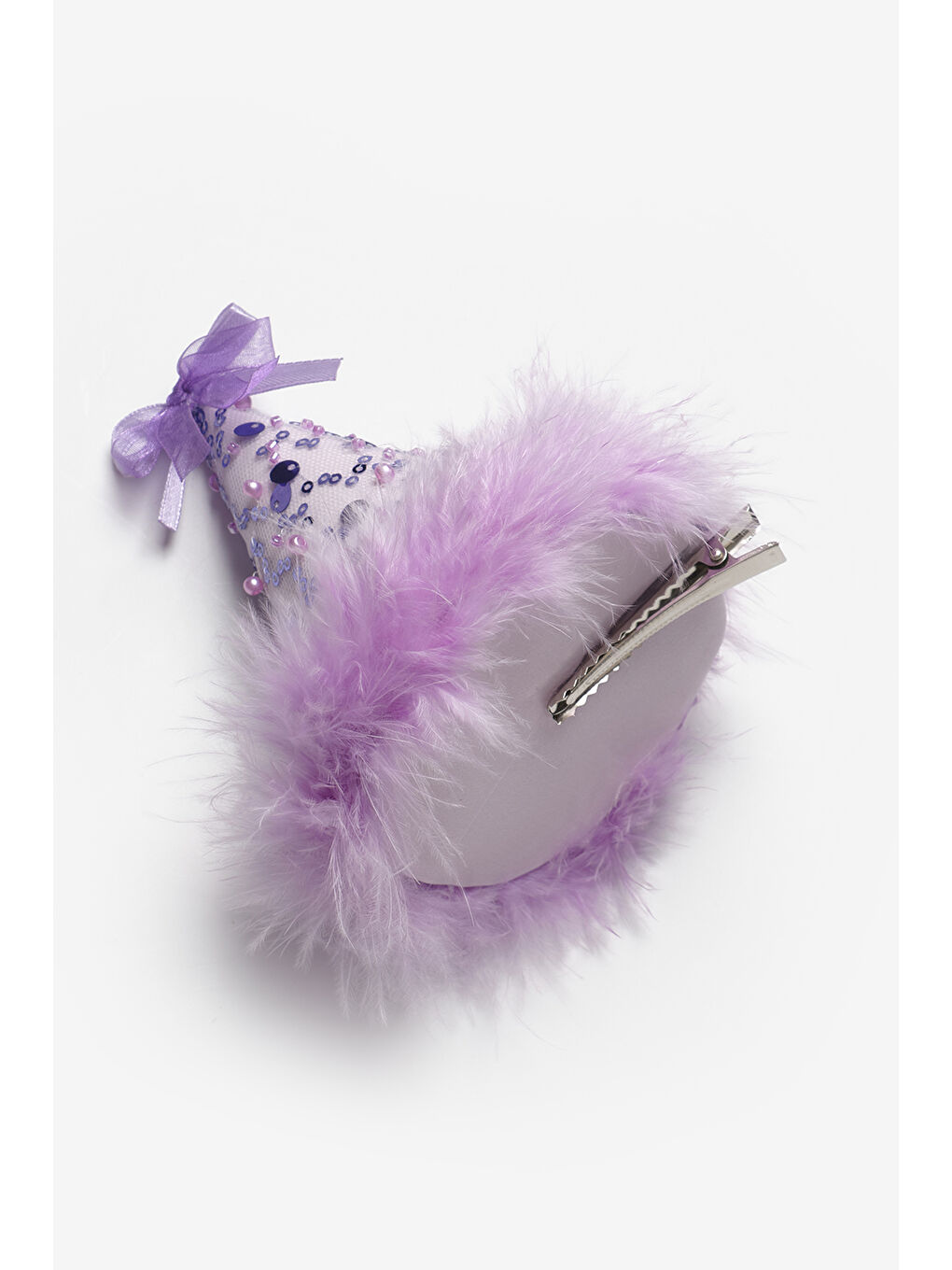 Lila Fiyonk Detaylı Pullu Kız Çocuk Klipsli Doğum Günü Huni Taç-1