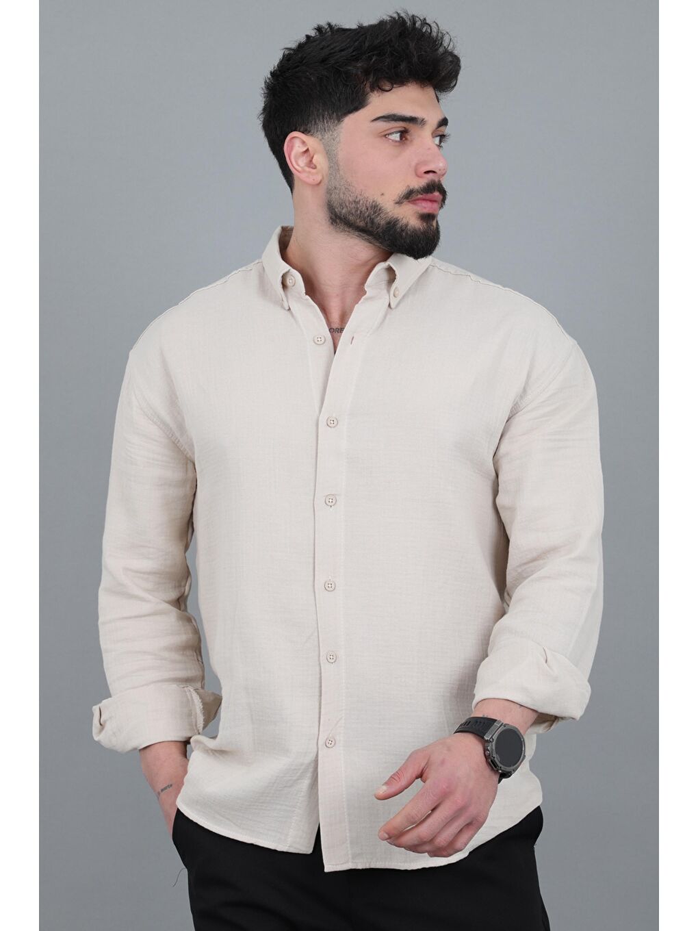 Bej Oversize Müslin Yazlık Uzun Kol Gömlek MRS 202_40417