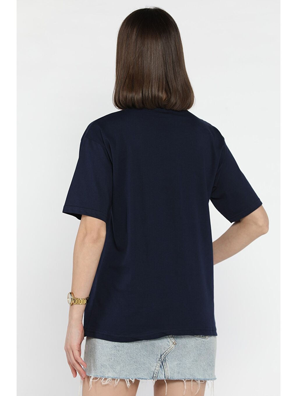 Lacivert Kadın Bisiklet Yaka Taş İşlemeli Baskılı Kadın Tişört-2