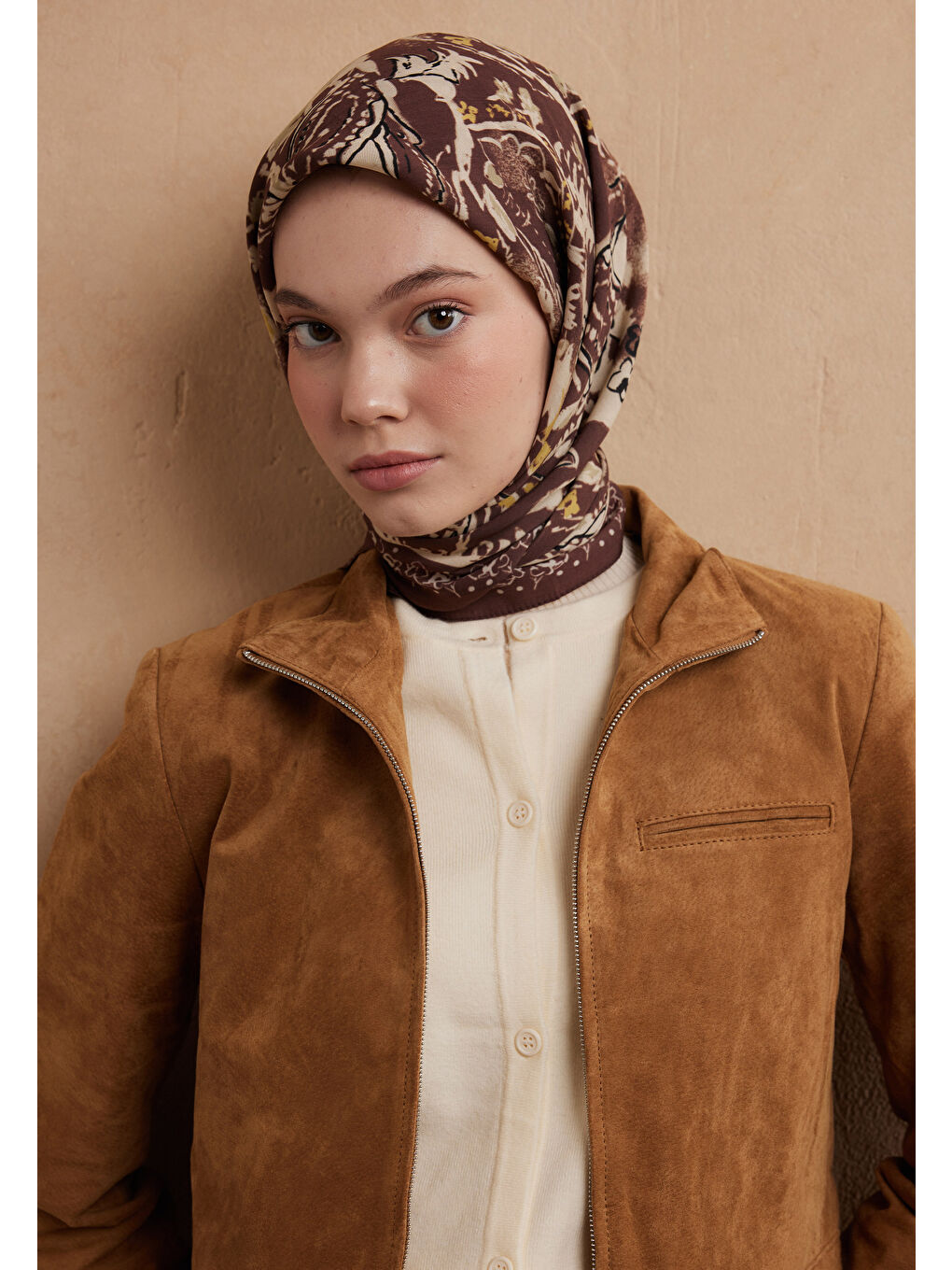 Kahverengi Floral Paısley Desen Pamuk İpek Eşarp Kızıl Kahve-3