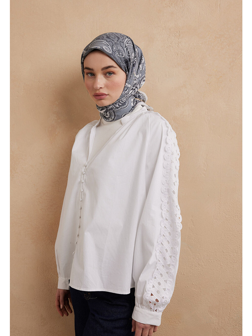 Antrasit Lena Desen Pamuk İpek Eşarp Duman-3