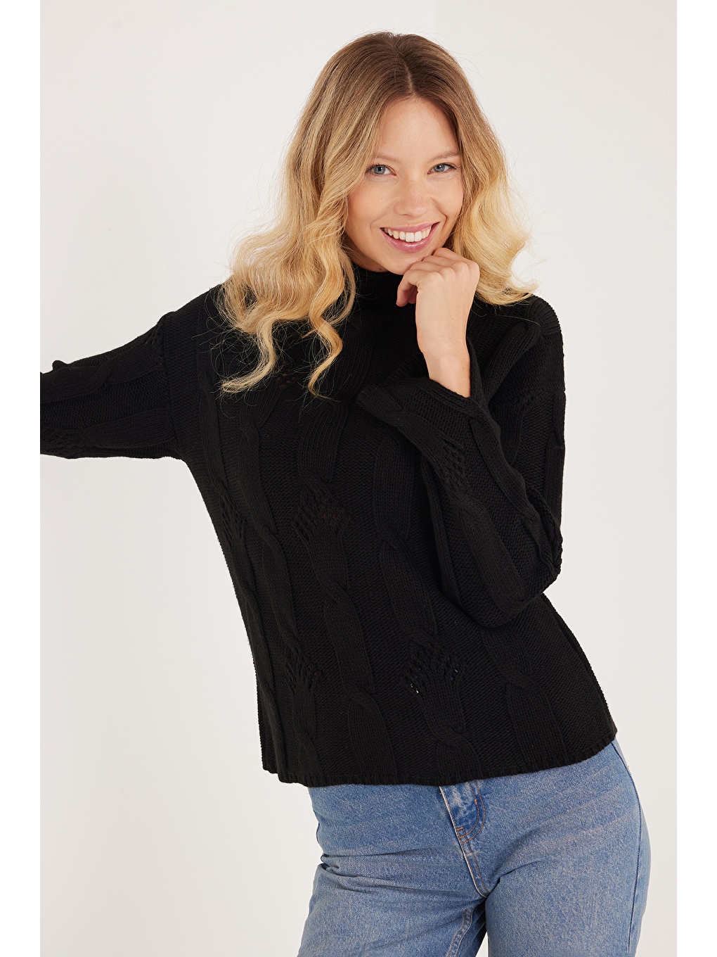 Karışık Kadın 3'Lü Paket Siyah-Lacivert-Yeşil Regular Fit Klasik Kesim Yarım Balıkçı Yaka Örgü Desenli Kazak-3