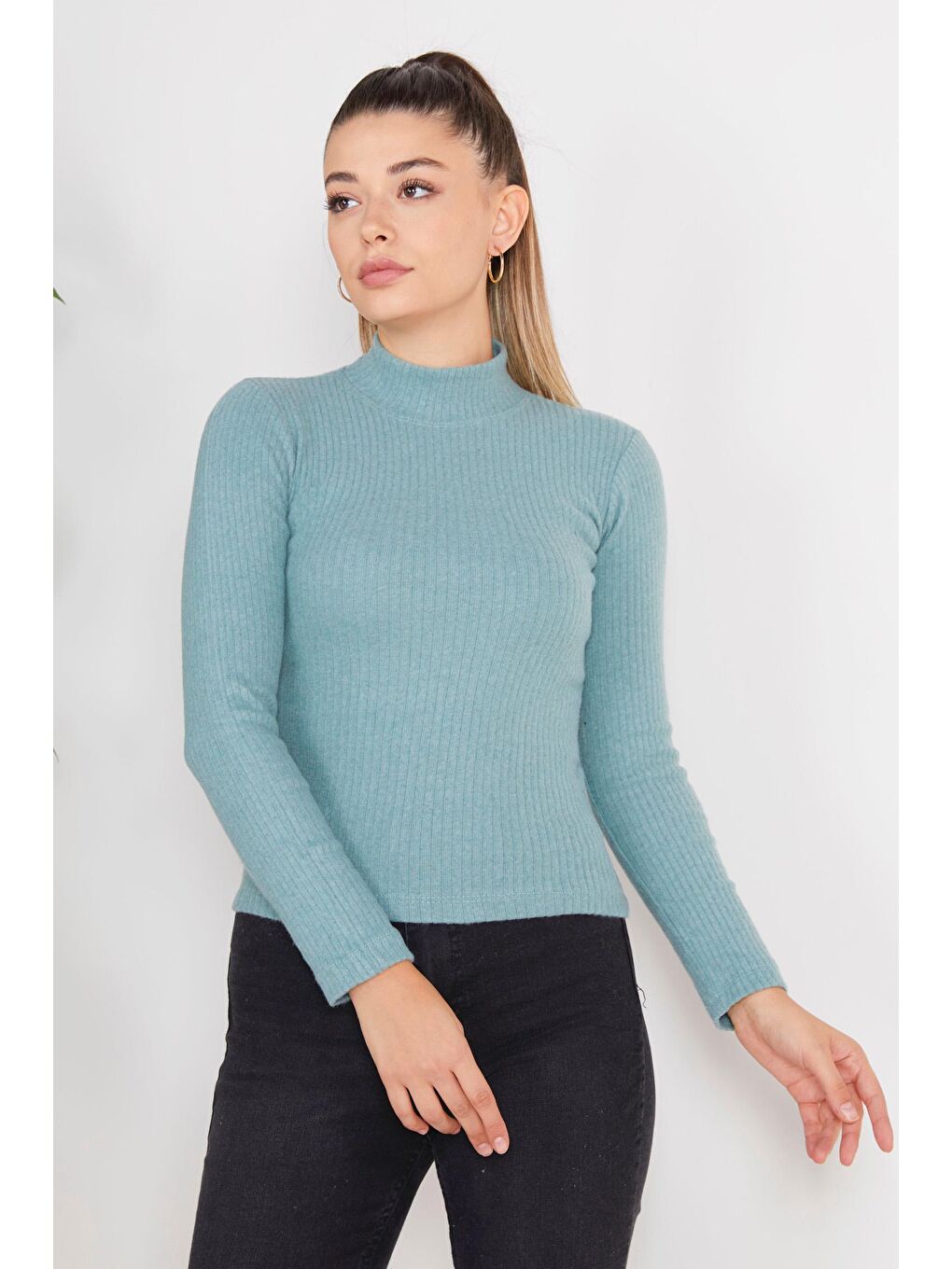 Yarım Balıkçı Yaka Kadın Yeşil Crop - 23135-3