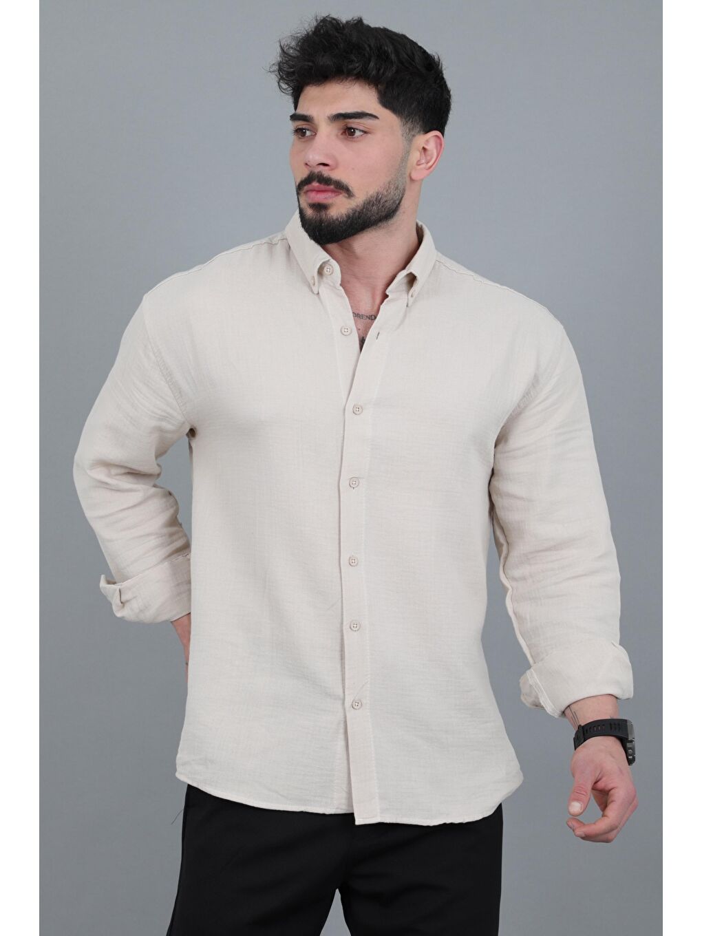 Bej Oversize Müslin Yazlık Uzun Kol Gömlek MRS 202_40417-1