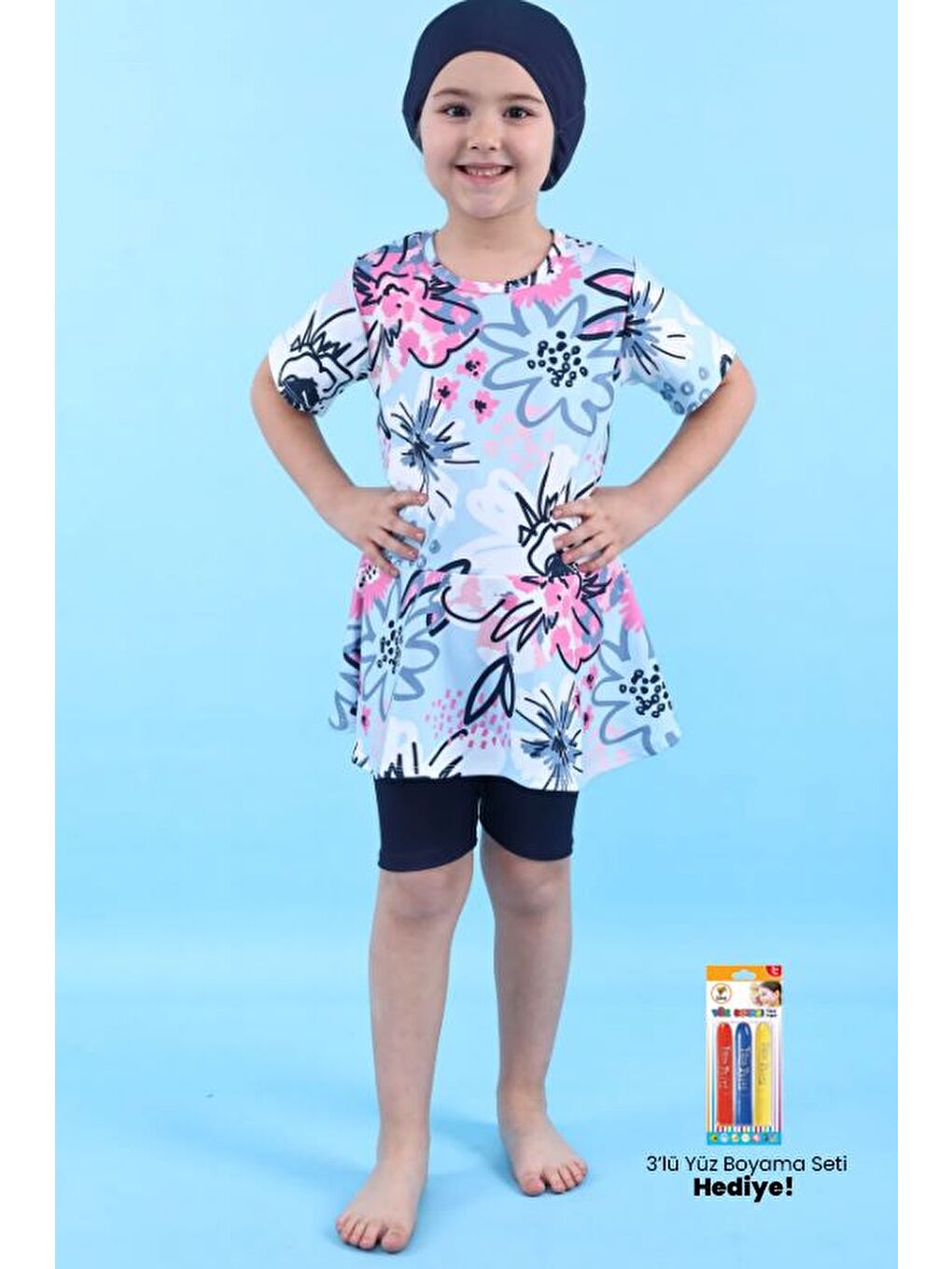 Kalp Desenli Lacivert Kız Çocuk Boneli Mayo Takımı-1