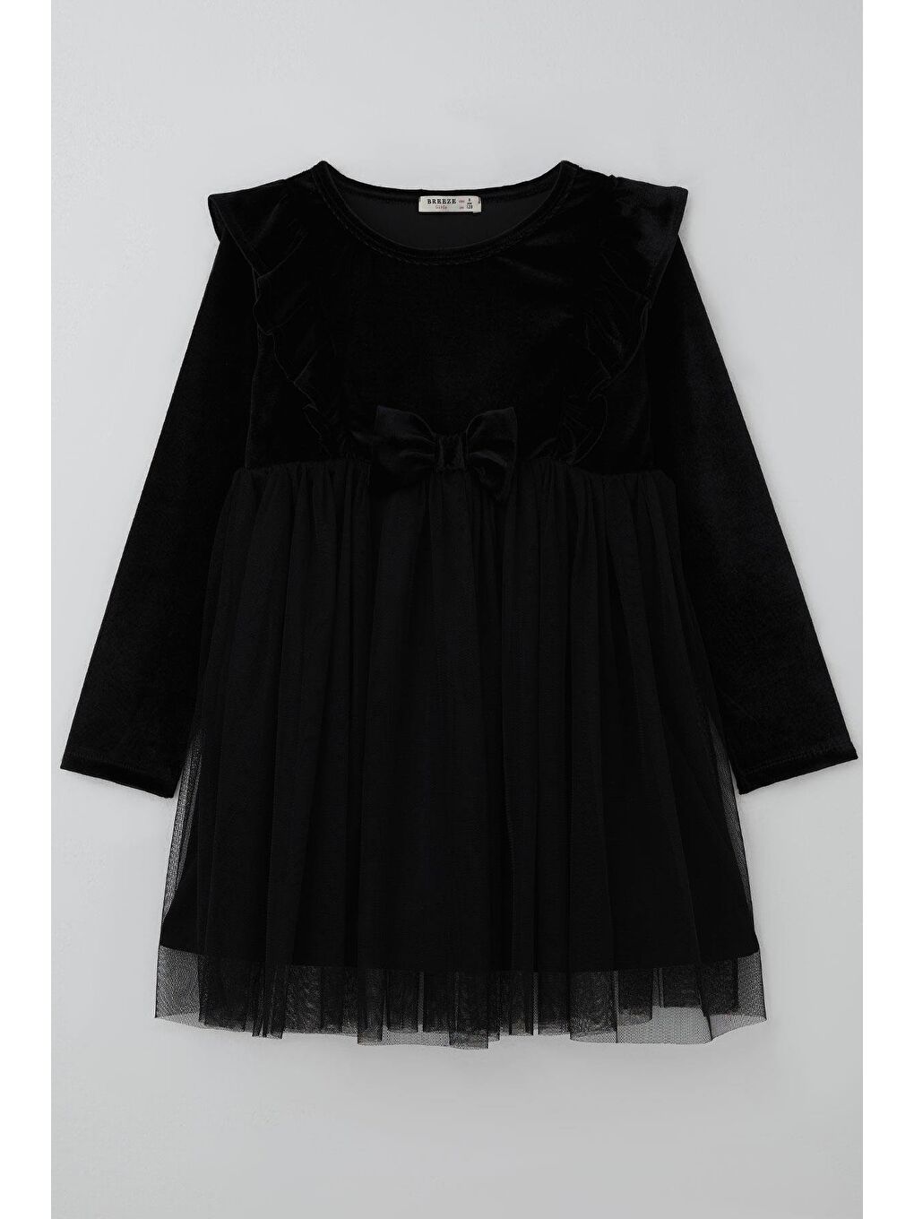 Kız Çocuk Uzun Kollu Kadife Elbise Fiyonk Aksesuarlı Tüllü Fırfırlı Siyah (4-8 Yaş)