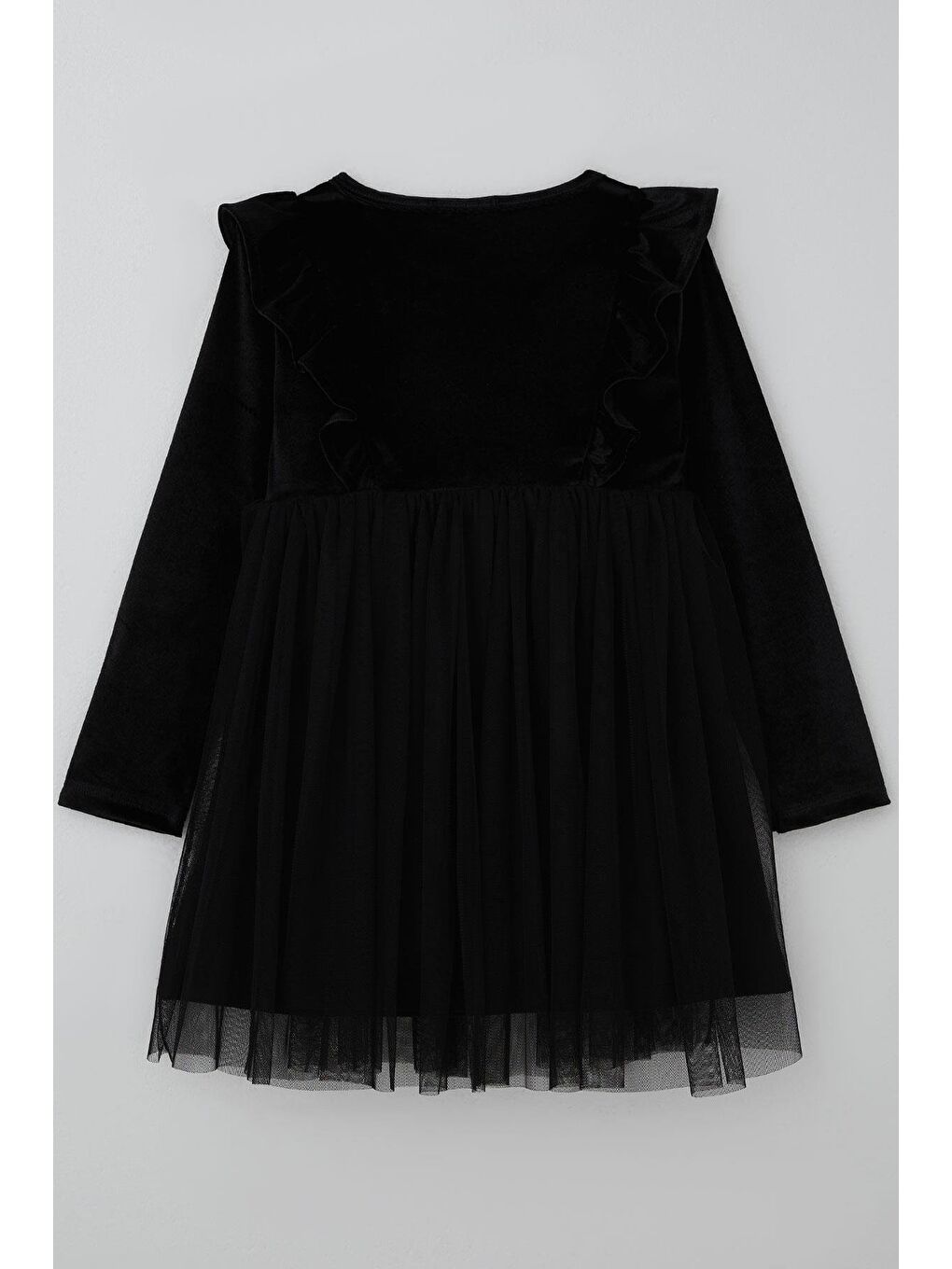 Kız Çocuk Uzun Kollu Kadife Elbise Fiyonk Aksesuarlı Tüllü Fırfırlı Siyah (4-8 Yaş)-1