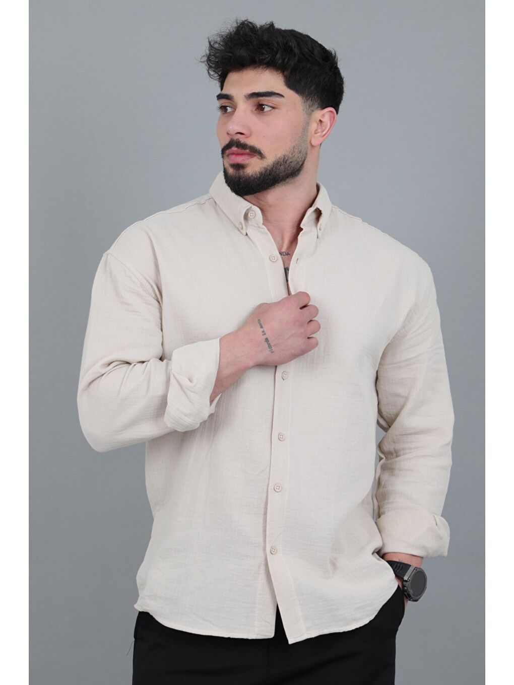 Bej Oversize Müslin Yazlık Uzun Kol Gömlek MRS 202_40417-3