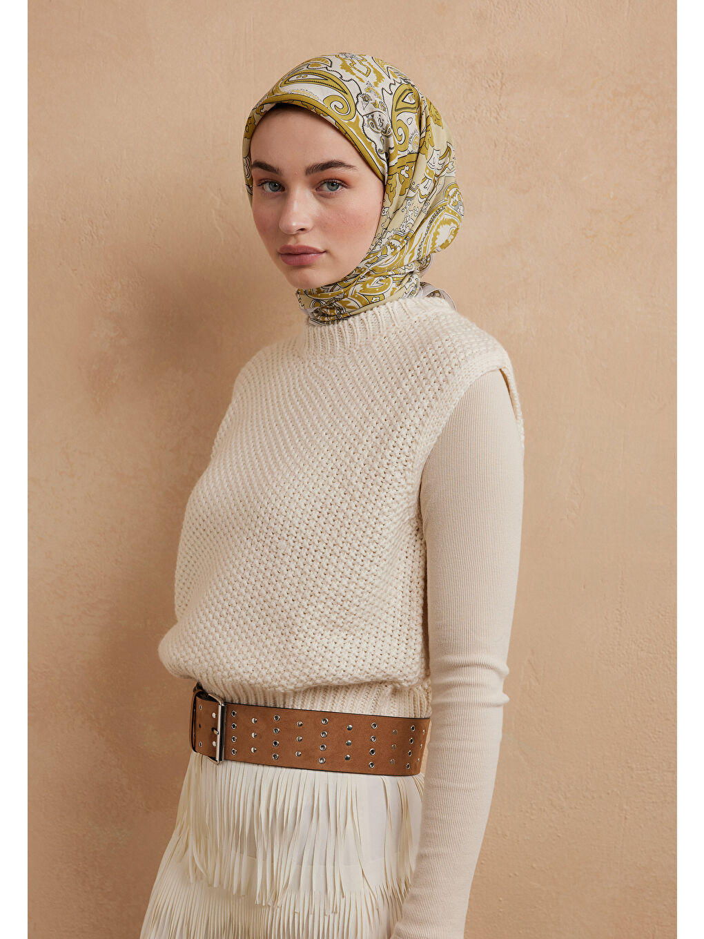 Kahverengi Lena Desen Pamuk İpek Eşarp Hardal-3