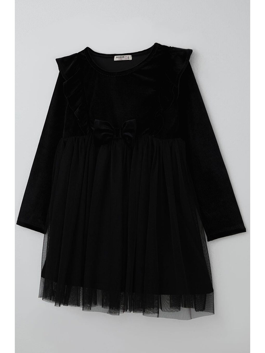 Kız Çocuk Uzun Kollu Kadife Elbise Fiyonk Aksesuarlı Tüllü Fırfırlı Siyah (4-8 Yaş)-2