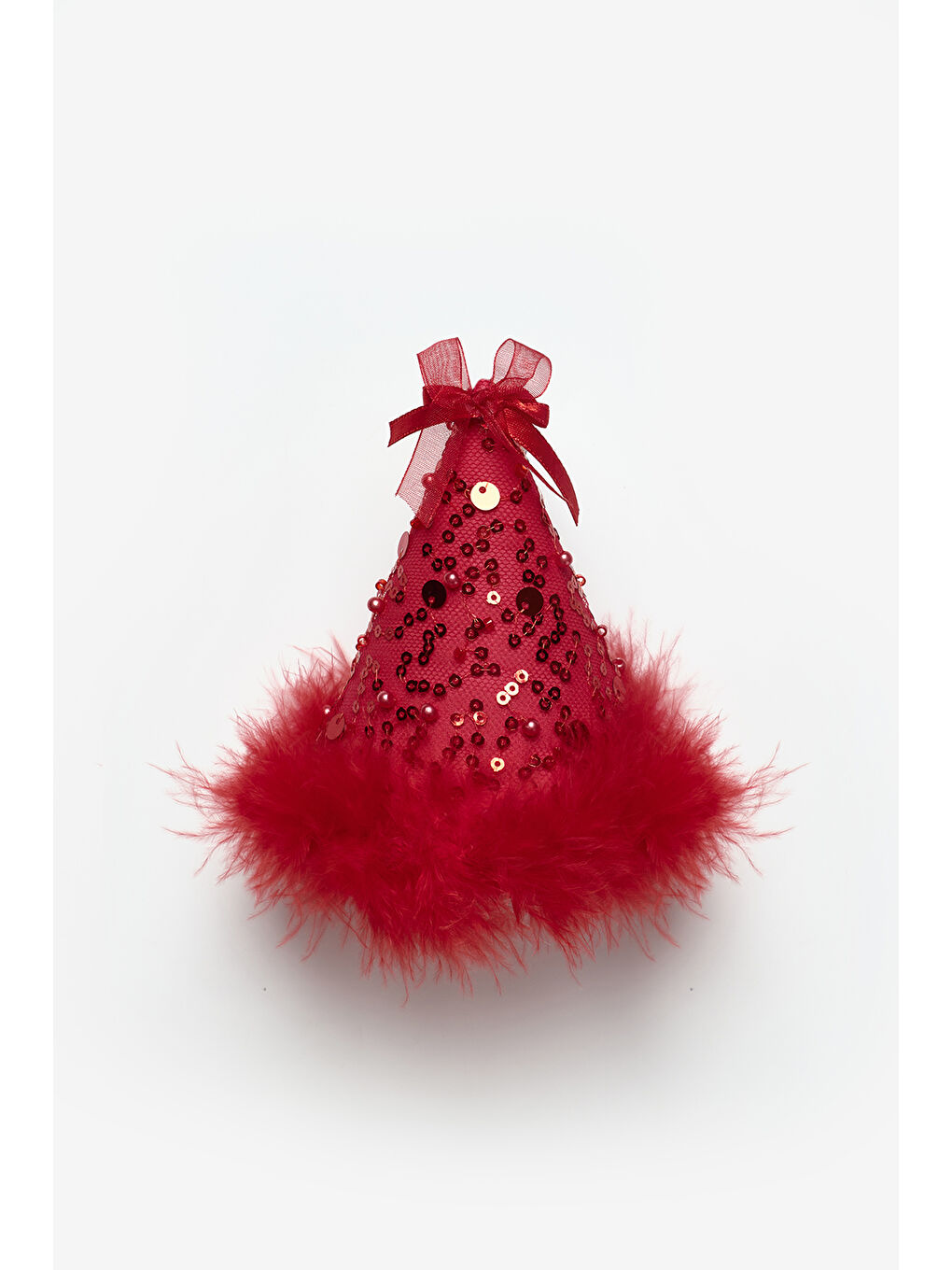 Kırmızı Fiyonk Detaylı Pullu Kız Çocuk Klipsli Doğum Günü Huni Taç