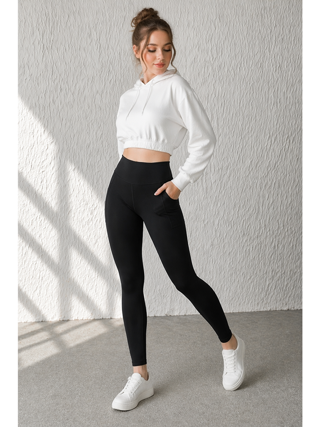 Siyah Kadın Cepli Ekstra Yüksek Bel Dalgıç Kumaş Esnek Spor Rahat Günlük Tayt