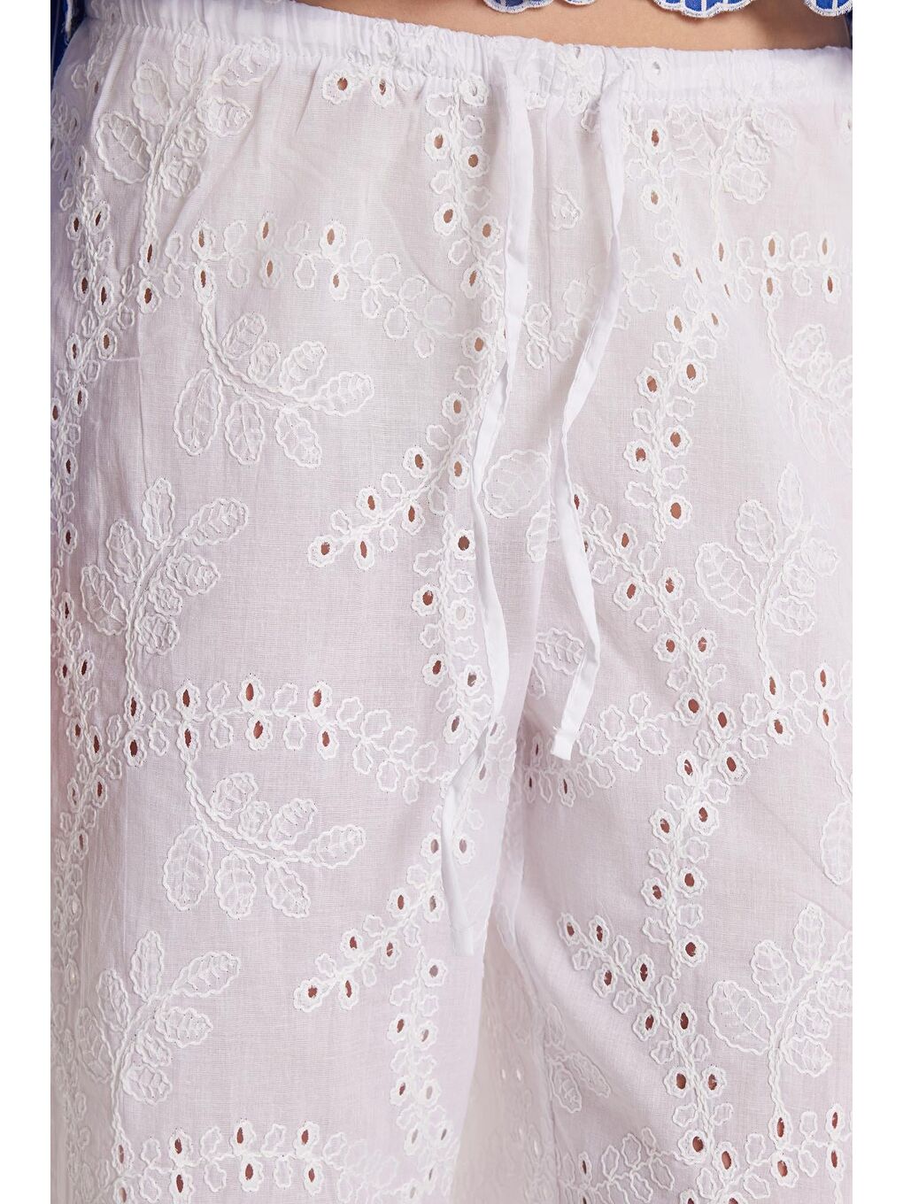 Kadın Regular Fit %100 Pamuk Beli Lastikli Bağlamalı Geniş Paça Beyaz Pantolon-2