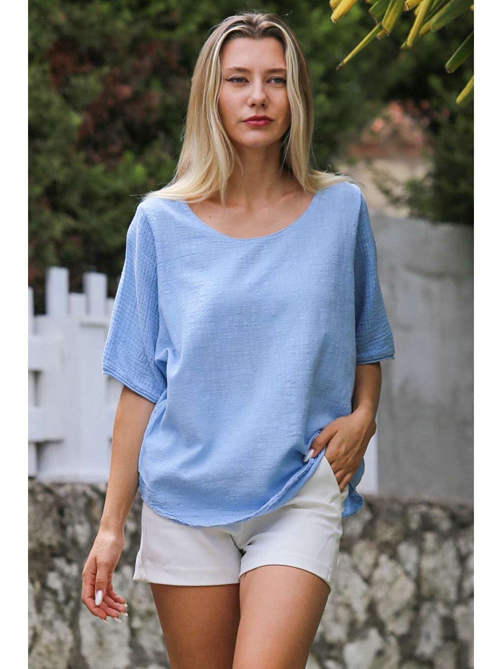 Bebek Mavisi Havuz Yaka Kısa Kol Yıkamalı Dokuma Casual Bluz-2