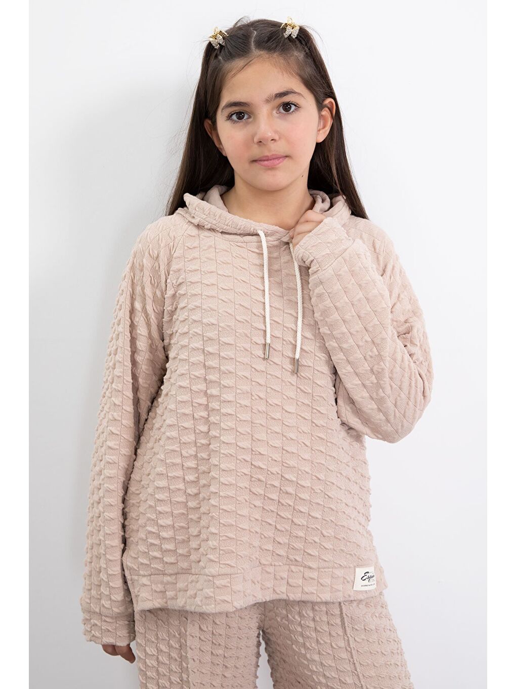 Ekru Krem Kız Çocuk Dokulu Geniş Paça Kapüşonlu Eşofman Takımı 23303-4