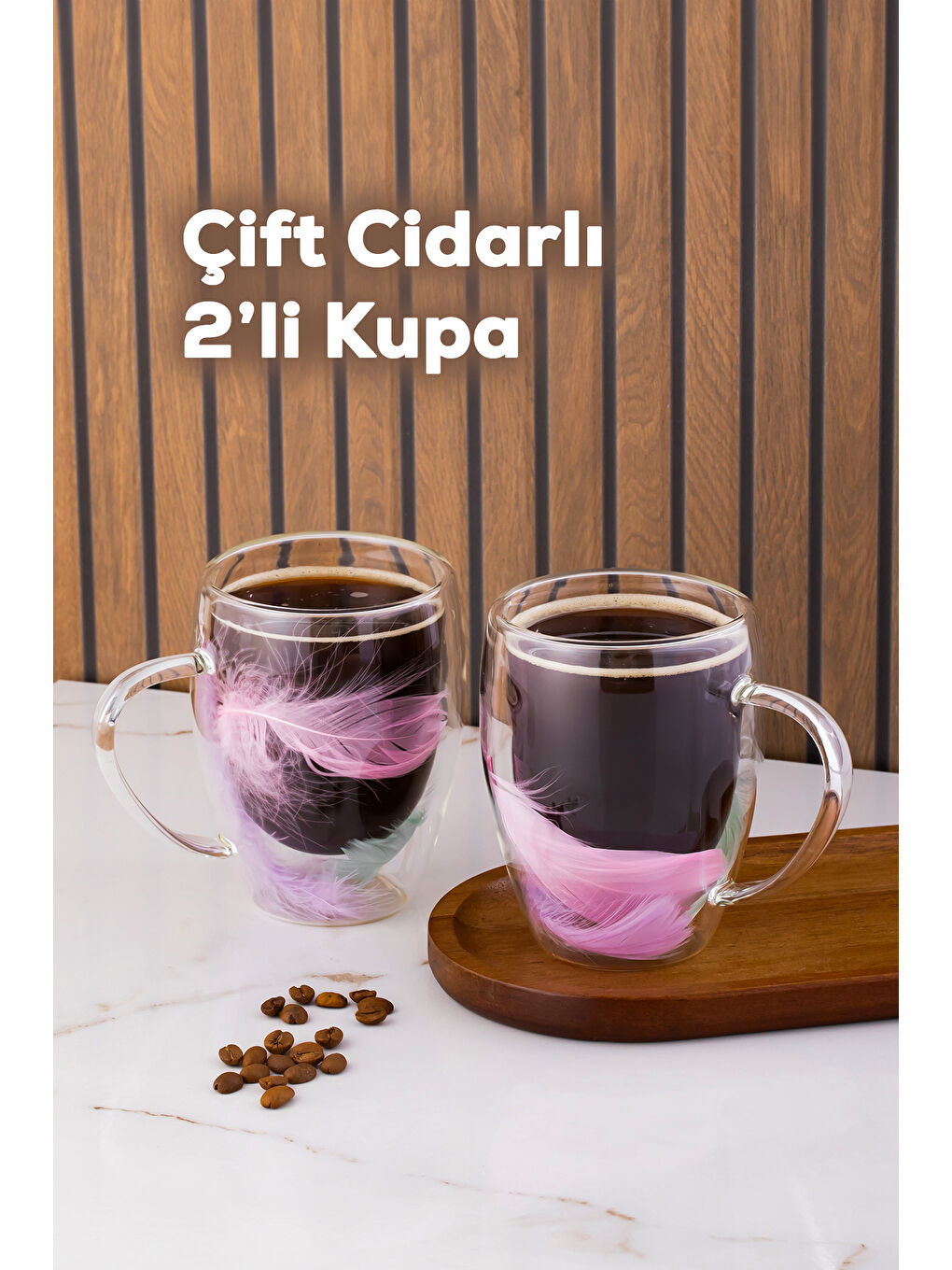 Renksiz 16796 Double Feather Çift Cidarlı Kupa 2 Adet 350 ml