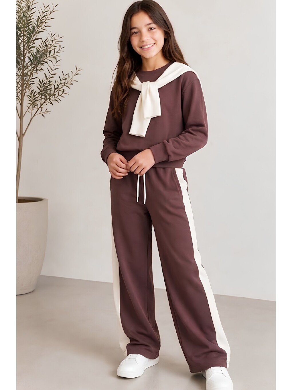 Kahverengi Kız Çocuk Fularlı+double Face Kumaş Alt-üst Takım 10-15 Yaş 12764sk-3